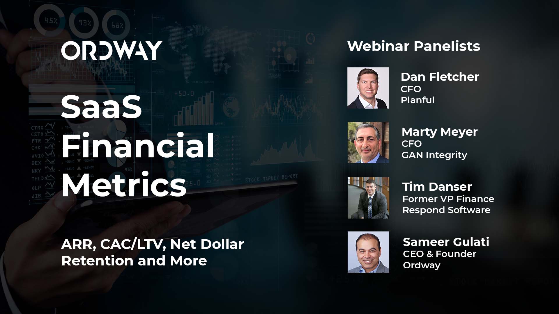 SaaS Financial Metrics webinar thumbnail with speakers on blue background