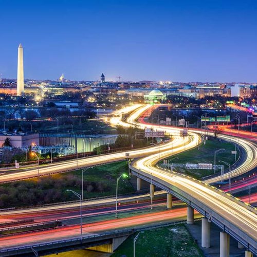 Washington DC skyline with highway in foreground