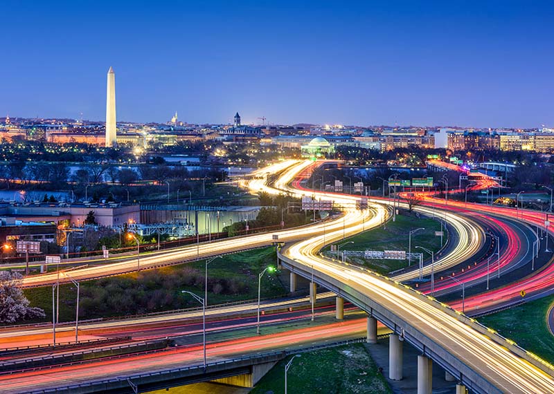 Washington DC skyline with highway in foreground