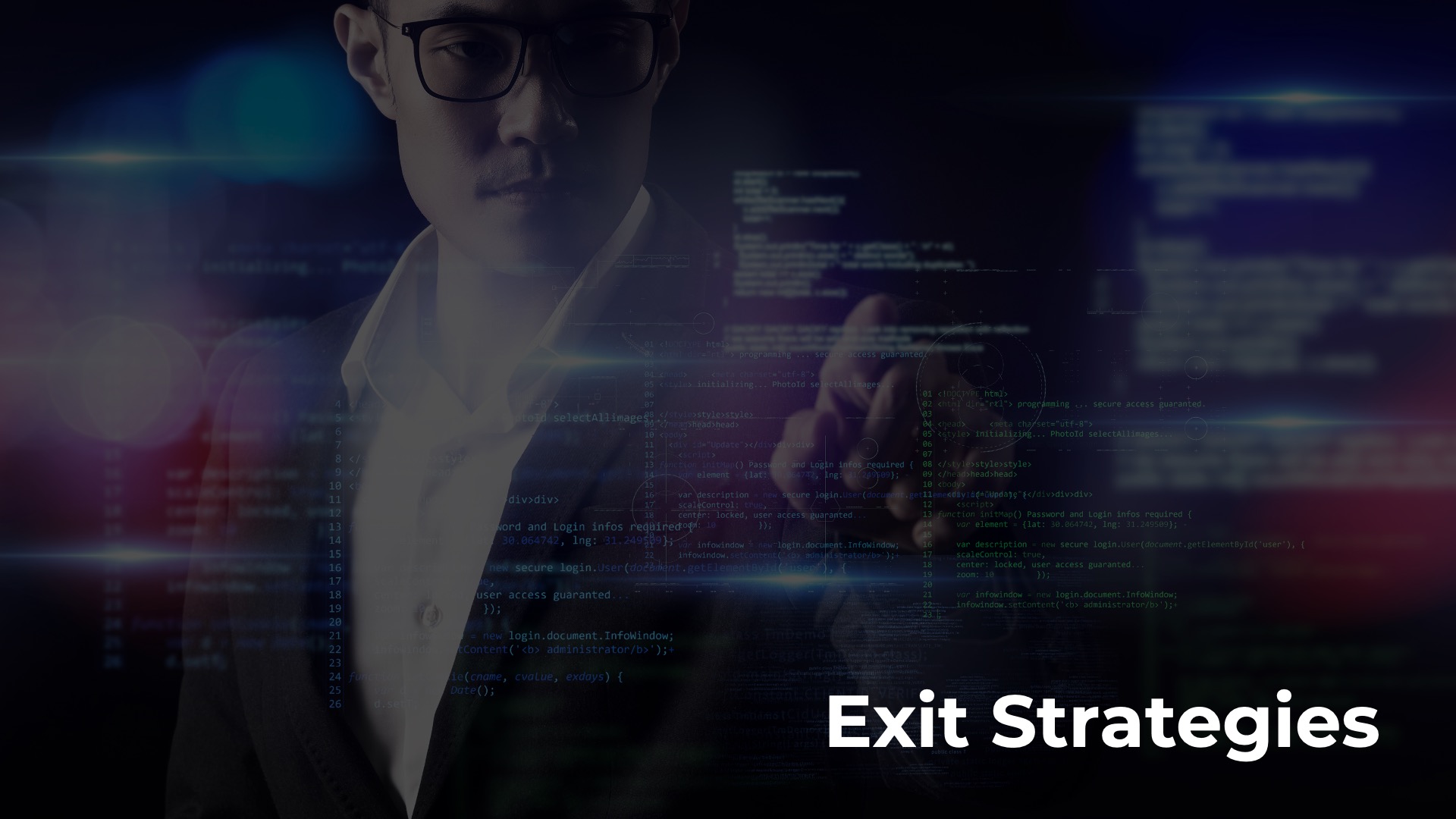 Business man in front of touchscreen with lines of code