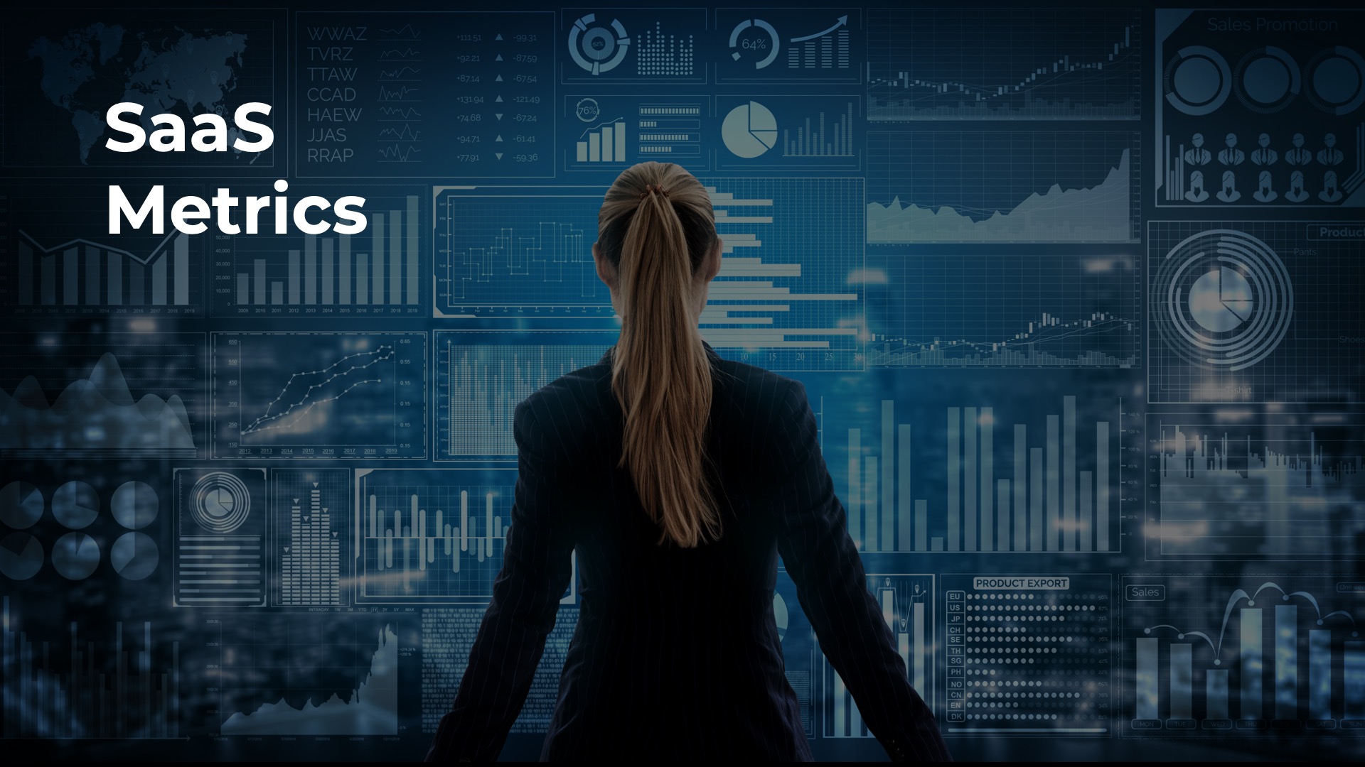 Woman standing in front of screen with financial metrics