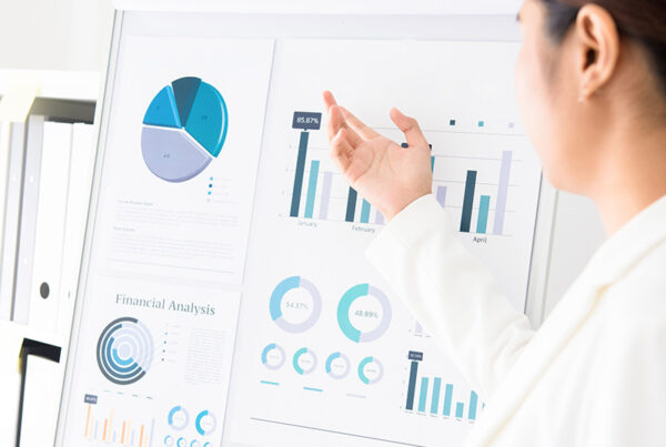 business woman pointing to easel with financial charts