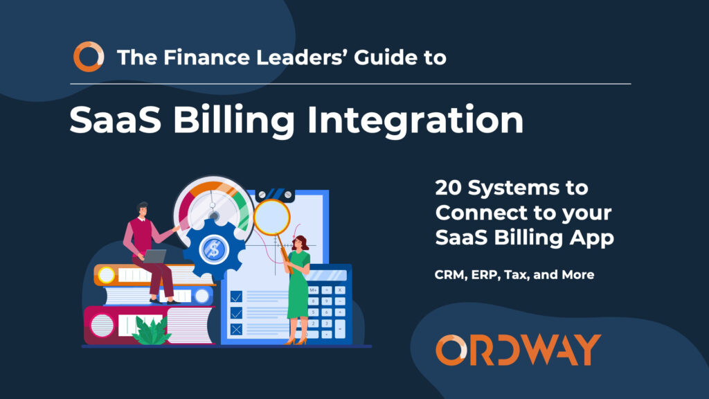 Cover image for SaaS Billing Integration ebook with abstract illustration of finance professionals o a dark blue background