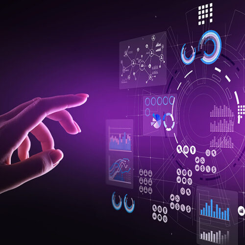 abstract image of hand pointing to financial charts on a purple background