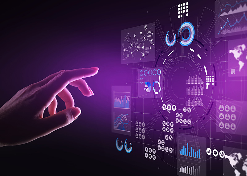 abstract image of hand pointing to financial charts on a purple background