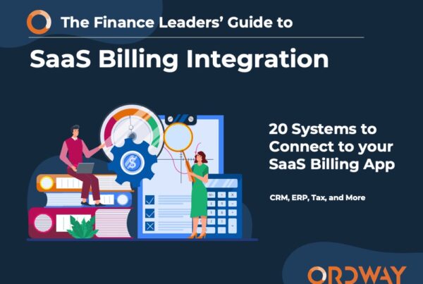 Cover of ebook titled the finance leaders' guide to SaaS billing integration with abstract illustration of finance professionals in front of a clipboard and calculator
