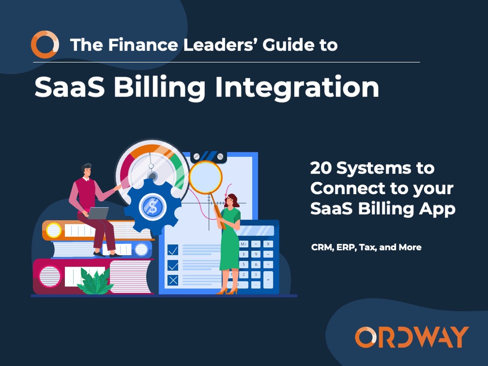 Cover of ebook titled the finance leaders' guide to SaaS billing integration with abstract illustration of finance professionals in front of a clipboard and calculator