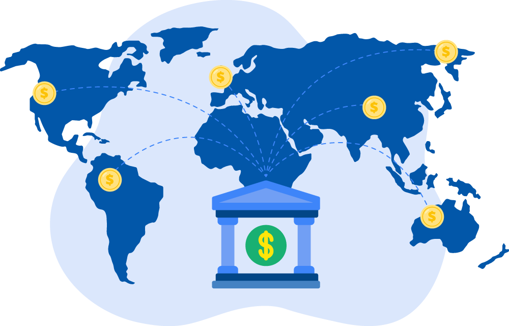 Illustration of world map with payments being collected from countries on each continent and routed to a single bank