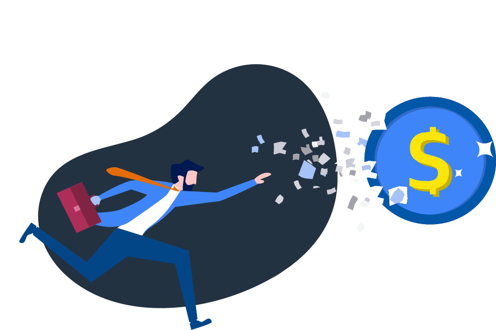 Abstract illustration of business man chasing money representing collections