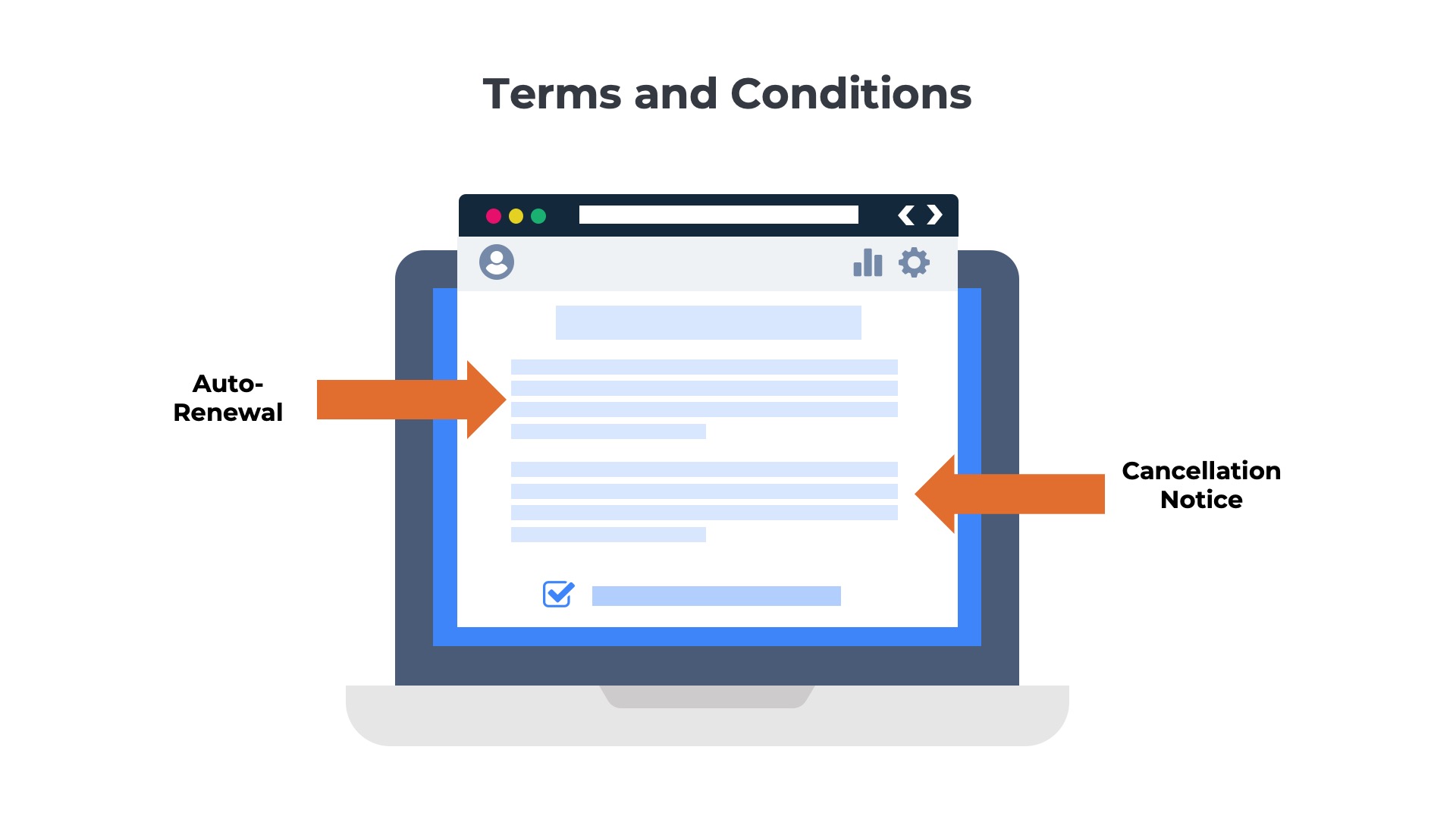 illustration of computer screen with terms and conditions for a subscription such as auto-renewal and cancellation notice periods