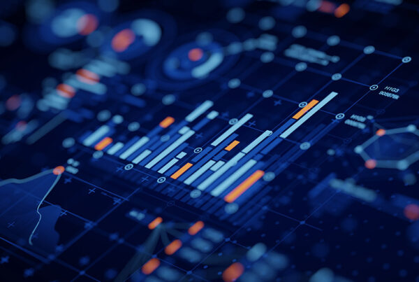 Financial bar charts and area graphs in blue and orange highlights