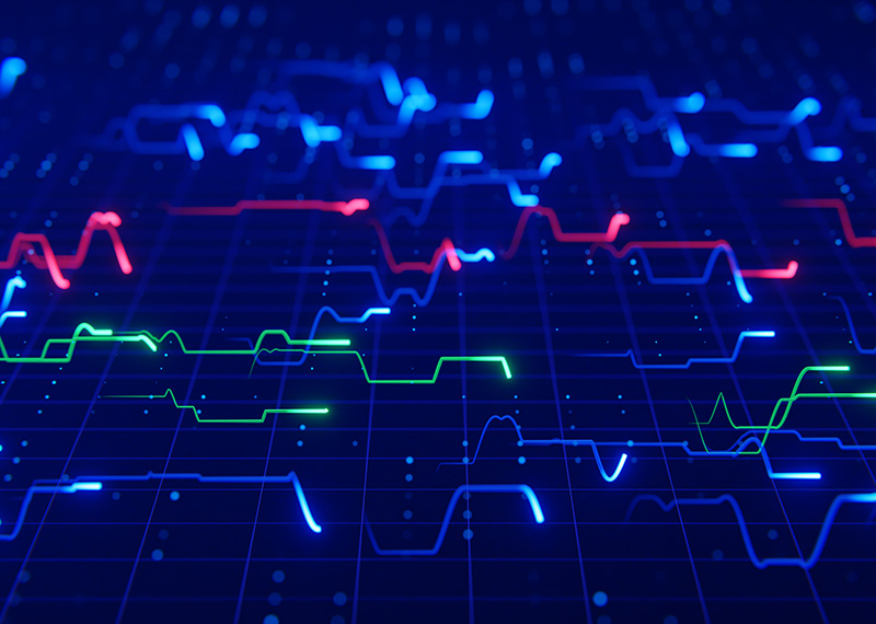 abstract image of financial charts with red, green, blue lines on dark blue background