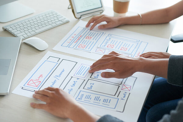 two designers reviewing wireframes of a saas website