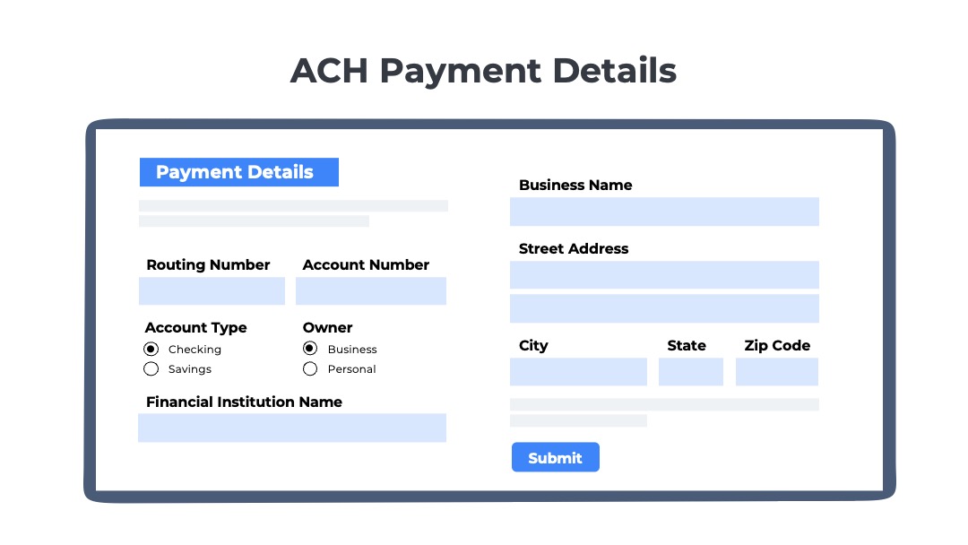 example of form used by billing system to collect recurring ach payment details such as routing number