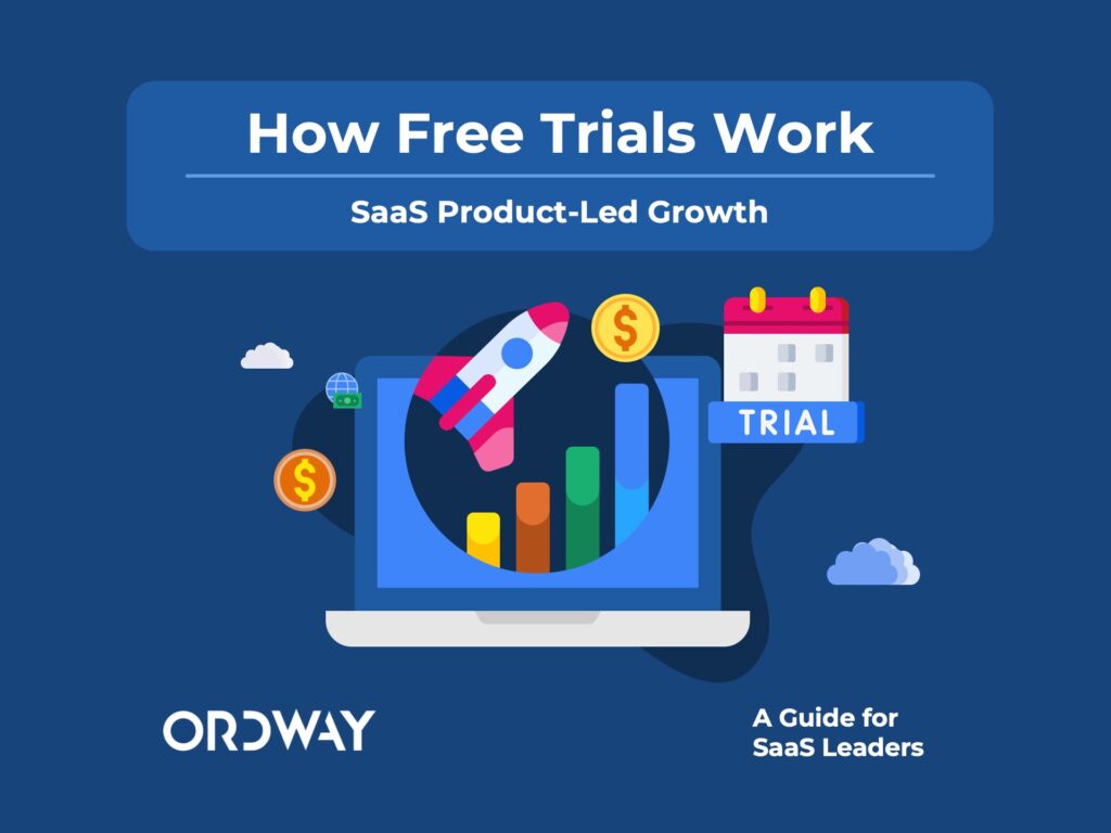 Cover of How SaaS Free Trials Work ebook with an illustration of a laptop showing a registration form on a blue background