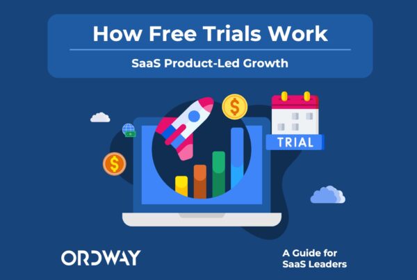 Cover of How SaaS Free Trials Work ebook with an illustration of a laptop showing a registration form on a blue background
