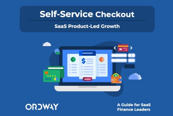 Cover of self service checkout for product led growth ebook with illustration of a laptop with SaaS pricing page