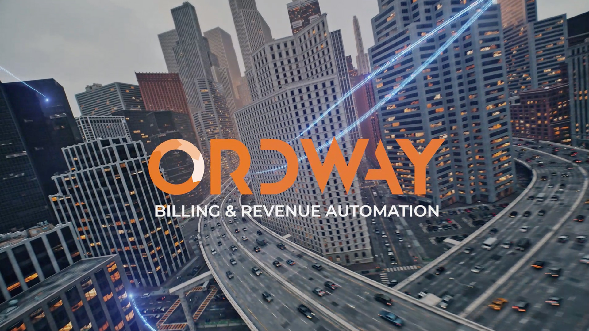 Future city with Ordway billing and revenue management logo on top