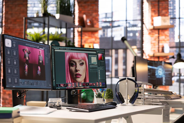 creative agency office with a desk that has two monitors showing a graphic design project