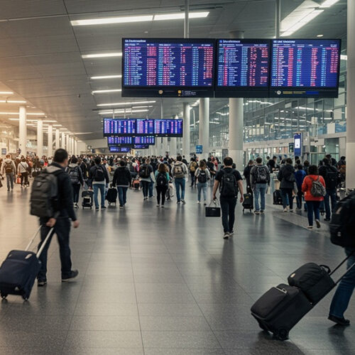 business travelers at an airpot using navan saas application for booking