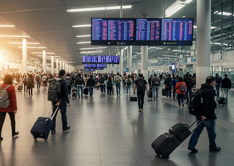 business travelers at an airpot using navan saas application for booking