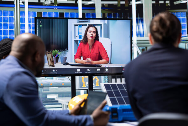 Solution engineer showing a product demonstration to a customer on video conference