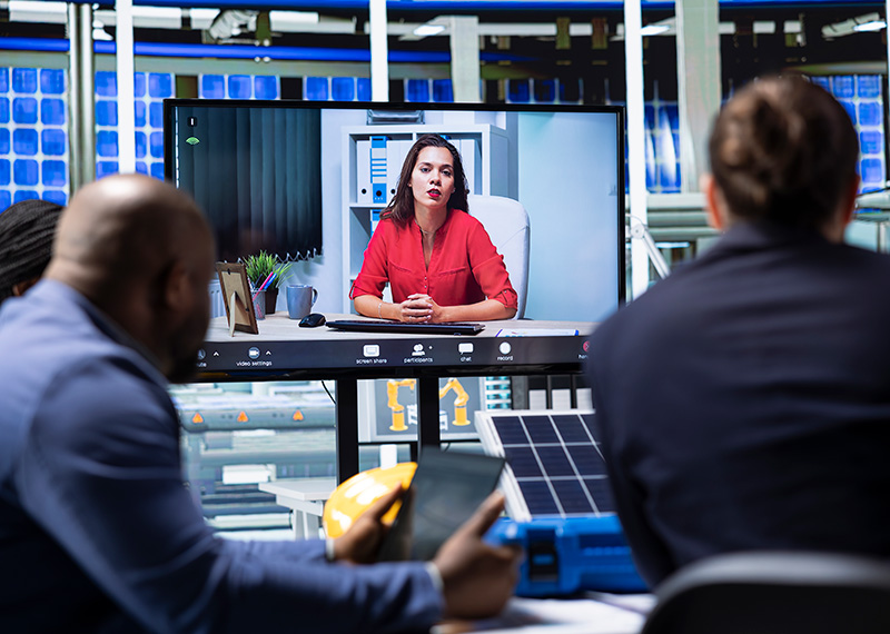 Solution engineer showing a product demonstration to a customer on video conference