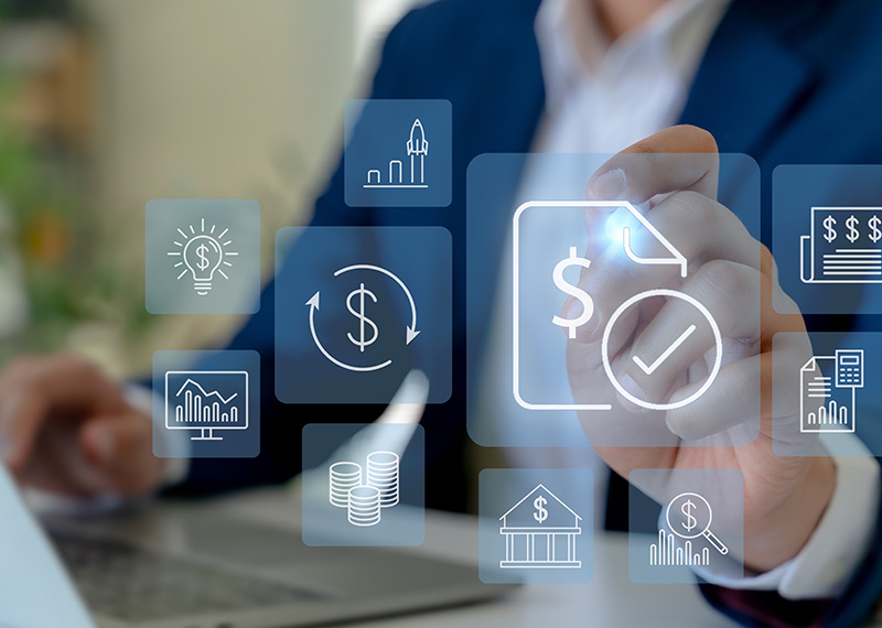 business man reviewing ai matched payments and invoices on laptop