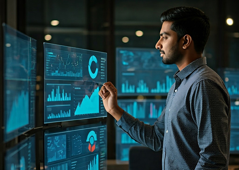 Financial analyst viewing wall of monitors with Netsuite ERP displayed