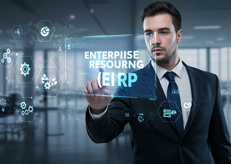 business man with finger on touchscreen clicking erp enterprise resource planning