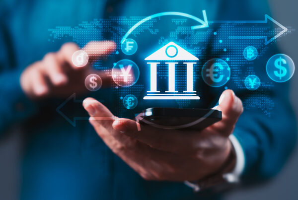 business man holding a virtual image of a bank with iban number in foreground