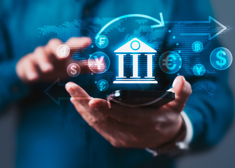 business man holding a virtual image of a bank with iban number in foreground