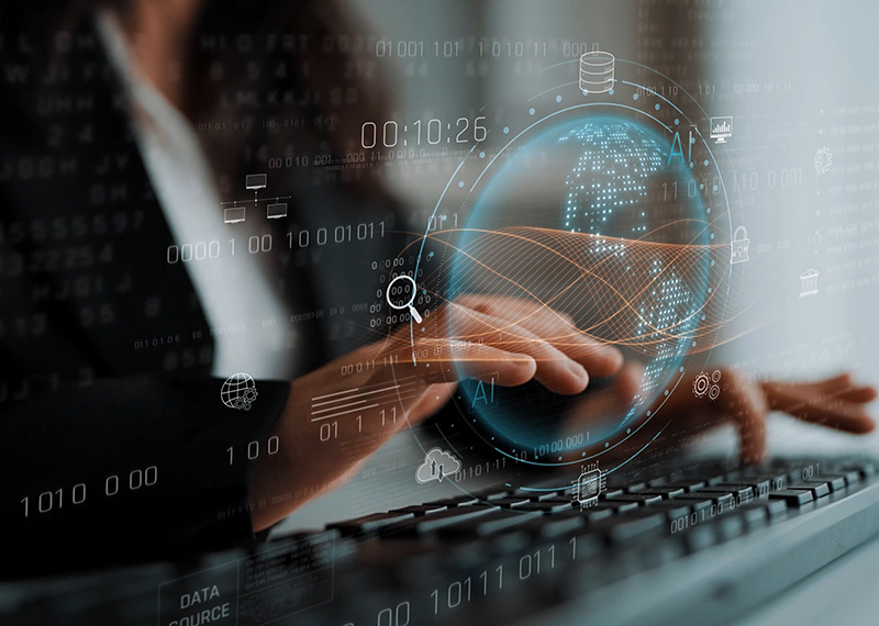 business woman typing at computer with rollover credit balance showing in foreground