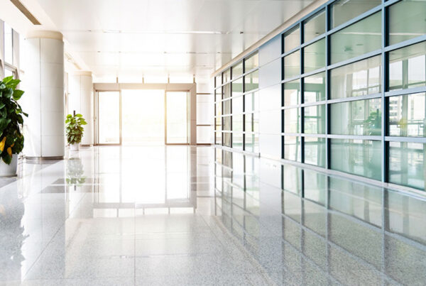white office lobby with clear glass