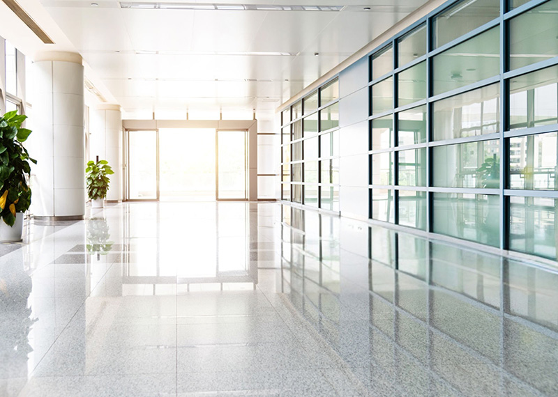 white office lobby with clear glass