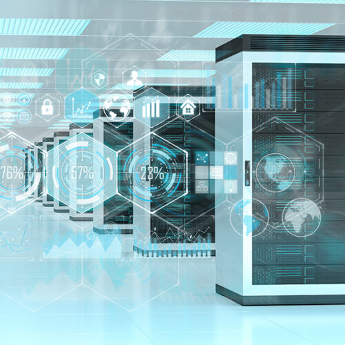 modern data center with racks of computing power and metrics in foreground