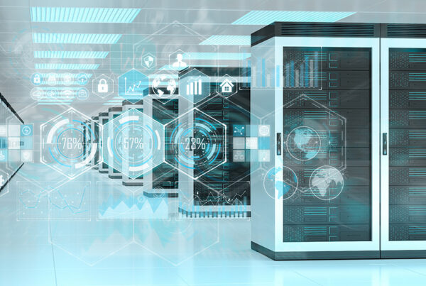 modern data center with racks of computing power and metrics in foreground