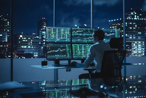 wall street trader making stablecoin payments in office at night with cityscape in background