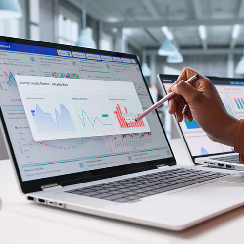 finance leader viewing electronic bank account statements on laptop