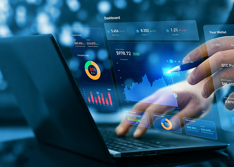 founder typing laptop with revenue sharing financial dashboard in foreground